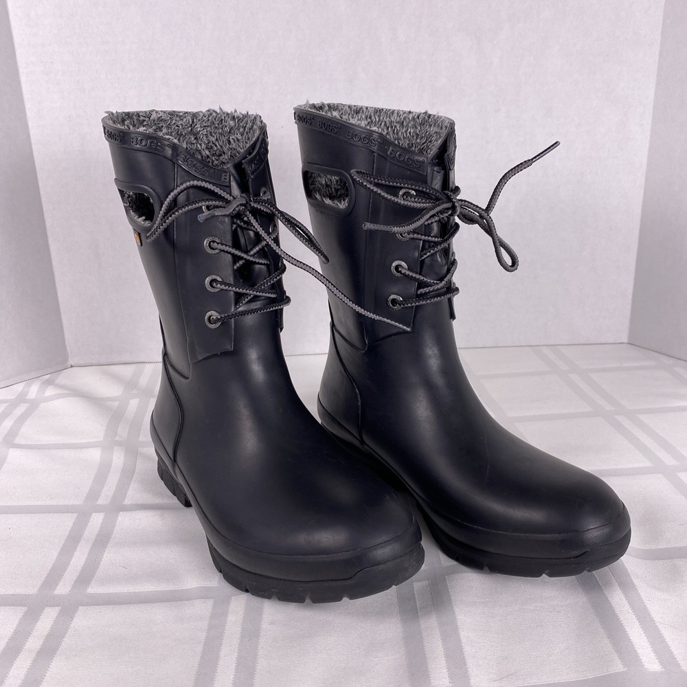 Bogs Rain Boots Amanda Plush Waterproof Rubber Black LaceUp Women US 8 Insulated
